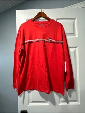 Spiritual Gangster Red Long-Sleeve Crewneck with Chest Stripe and Logo